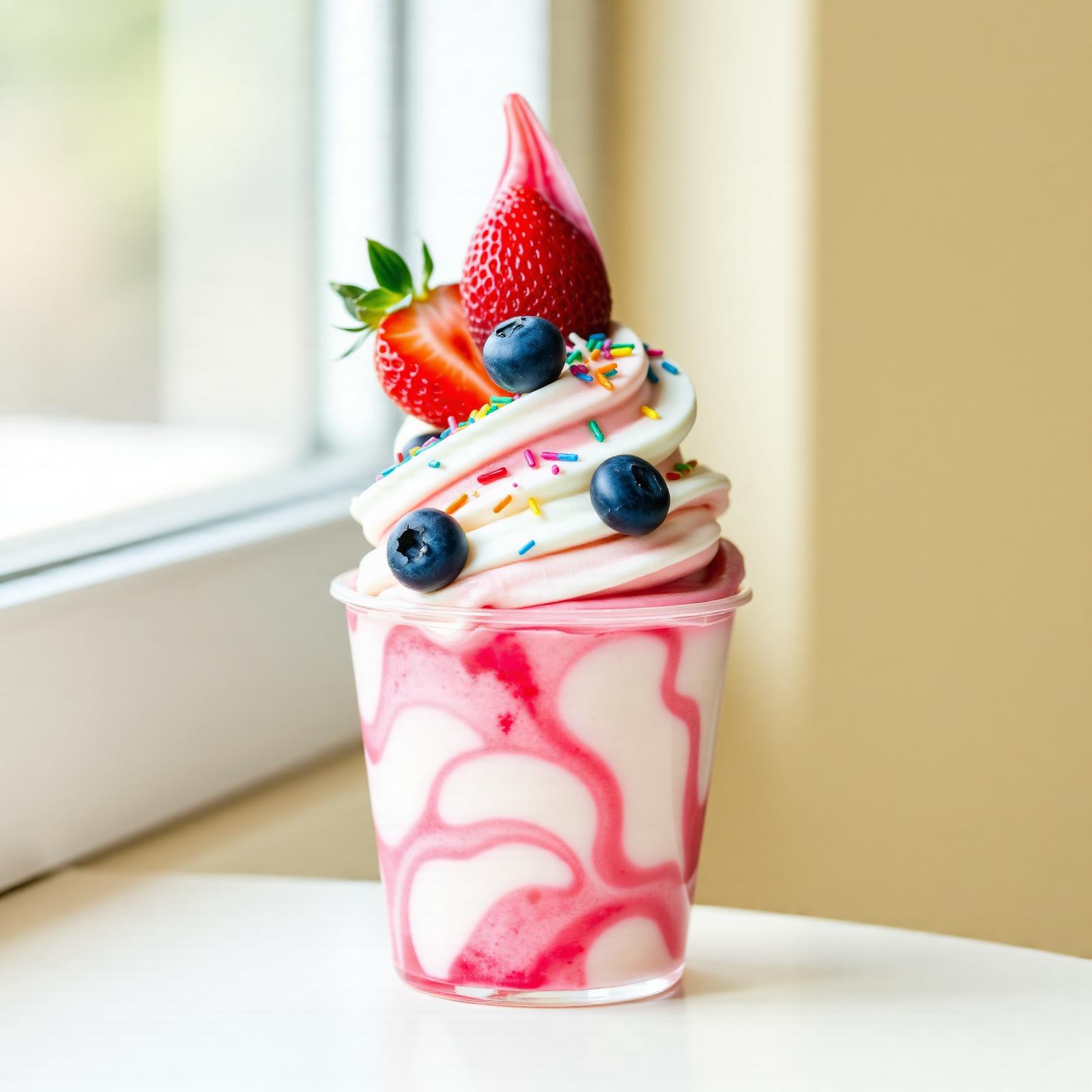 A colorful frozen yogurt swirl topped with fresh strawberries, blueberries, and rainbow sprinkles