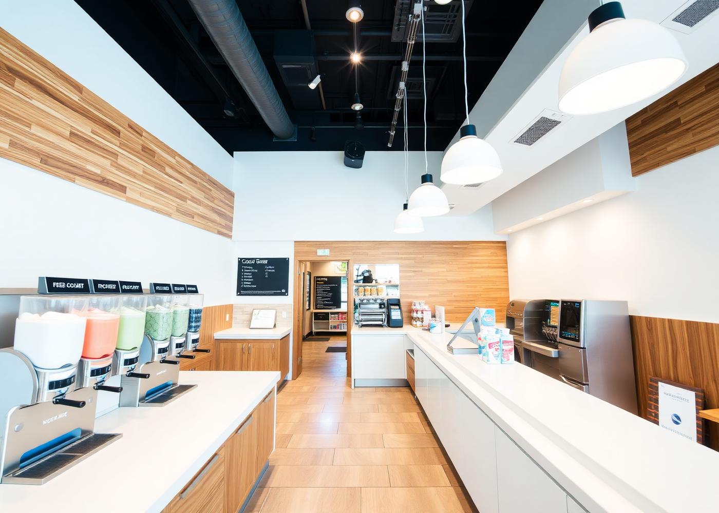 Bright modern YoYums frozen yogurt shop interior with self-serve dispensers